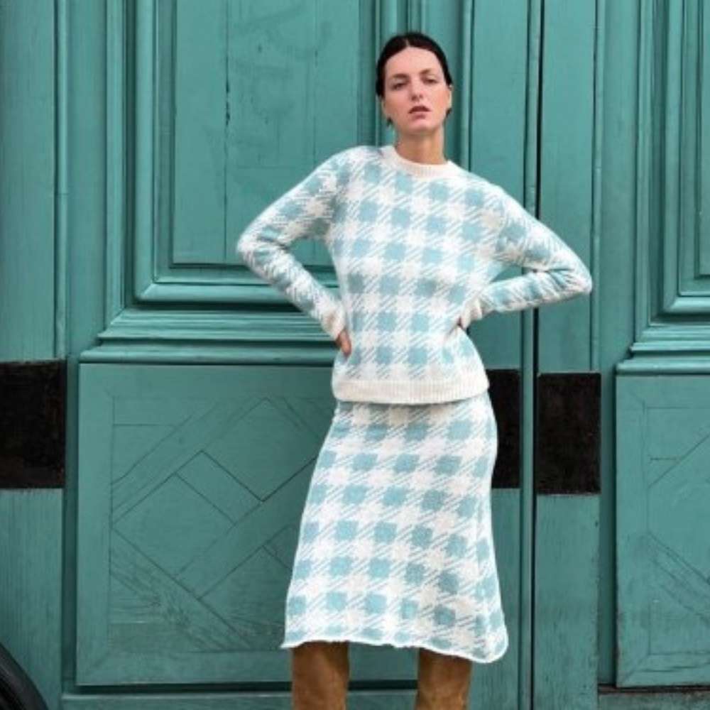 Stella Pardo Baby Blue Gingham Alpaca/Merino Blend Sweater XS